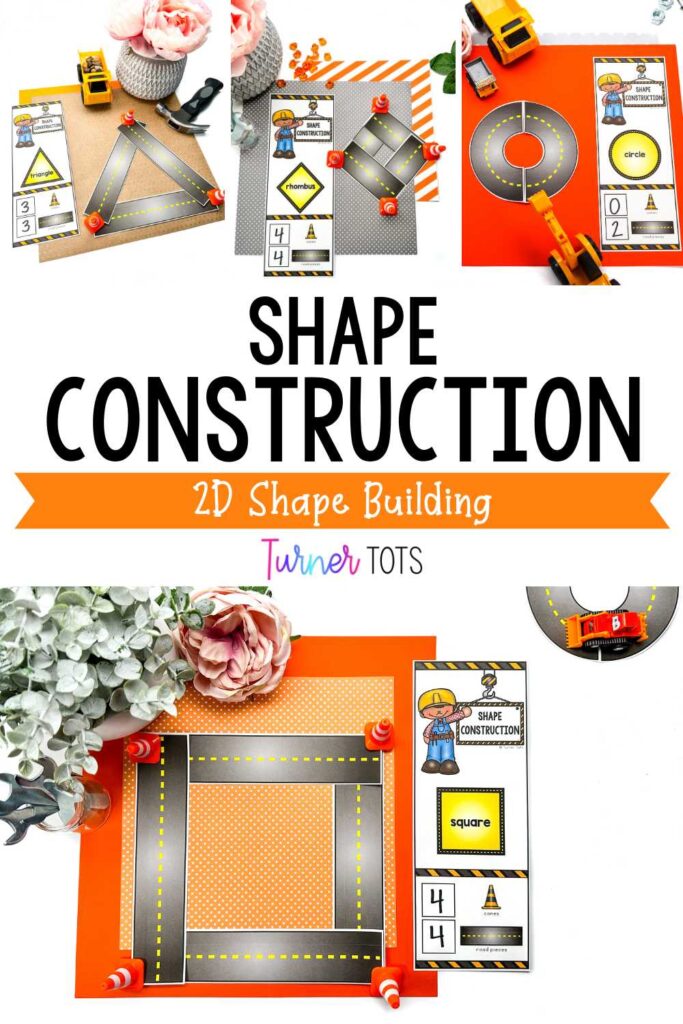 2D shapes built out of road pieces with mini cones as the vertices. Shape construction cards include spaces to write the number of sides and vertices as one of our math construction activities for preschoolers.