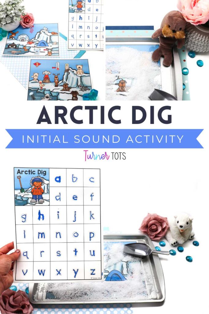 Arctic scenes covered in instant snow for preschoolers to shovel away and reveal a polar animal or Arctic word. Then, they trace the beginning letter on the recording sheet.