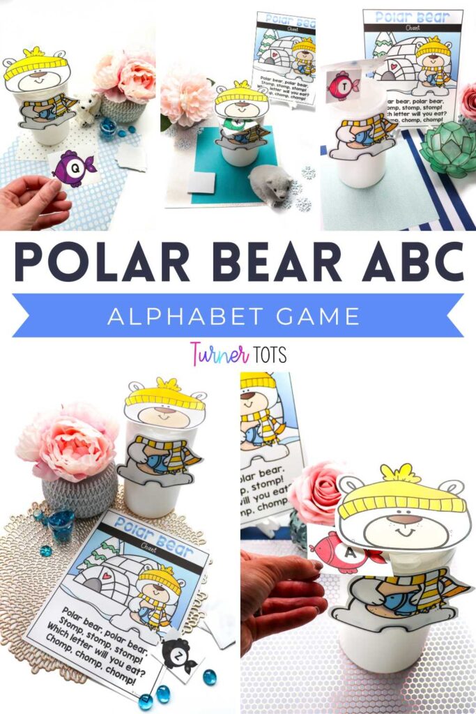 Polar bear printouts taped onto a disinfecting wipes container for preschoolers to feed lettered fish to as one of our Arctic animals preschool activities.