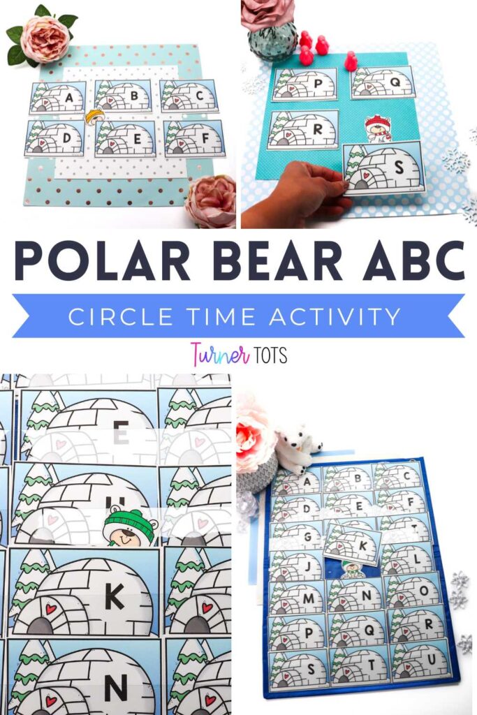 Polar bear printouts hidden behind lettered igloo cards for preschoolers to work on identifying letters while trying to find the hidden polar bears.