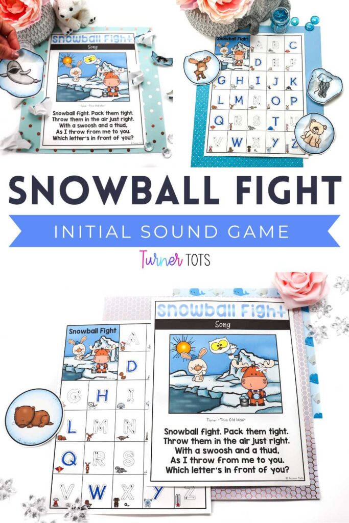 Snowballs with Arctic animals or words for preschoolers to pretend to have a snowball fight with. When the song ends, they pick up a snowball and trace the initial sound on the recording sheet.