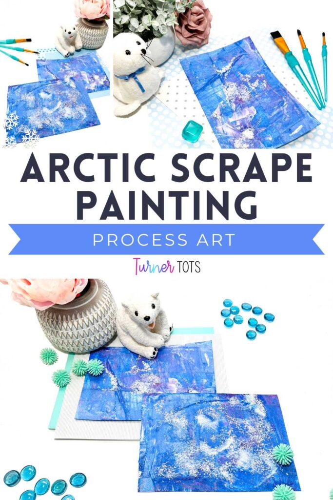 Arctic paintings are made by scraping paint with recycled gift cards and Epsom salt on top to look like snow.