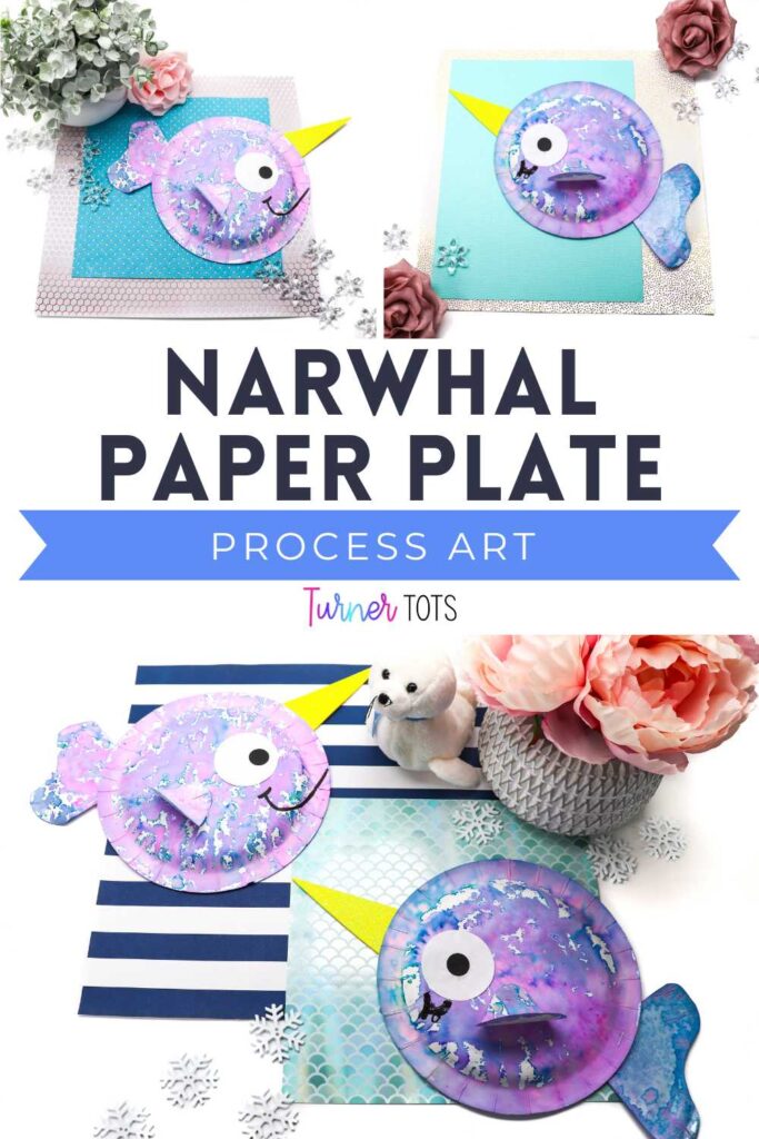 Narwhal paper plate painted by dripping drops of watercolors onto a paper plate.