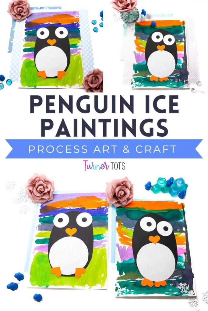 Penguin craft glued on top of a painting made with frozen watercolors.