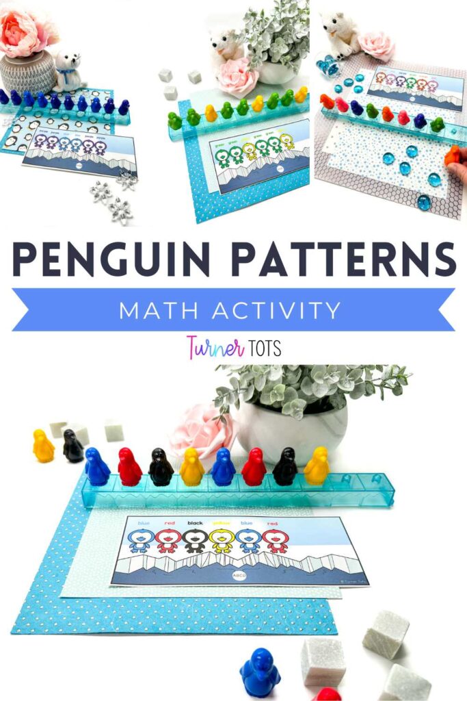 Colorful penguins arranged in patterns on cards for preschoolers to make and extend the pattern using penguin counters or the included printouts.