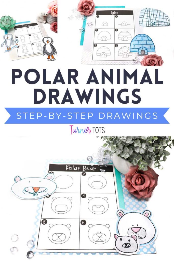 Arctic animal directed drawings include step-by-step instructions for how to draw a puffin, igloo, and polar bear.