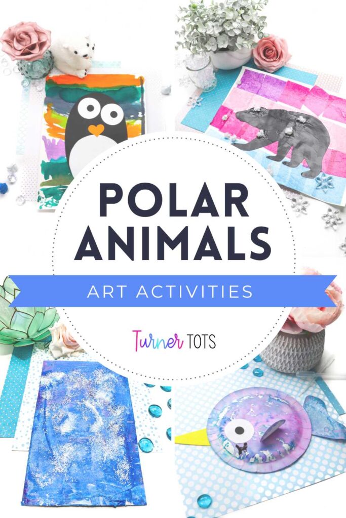 Arctic animal art projects include pictures of a penguin painting craft, polar bear silhouettes, Arctic scrape paintings, and a paper plate narwhal.