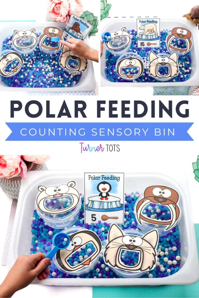 Polar animal feeding counting sensory bin includes polar bear, walrus, penguin, and Arctic fox printouts with mouths cut out for preschoolers to scoop blue and purple beads into.