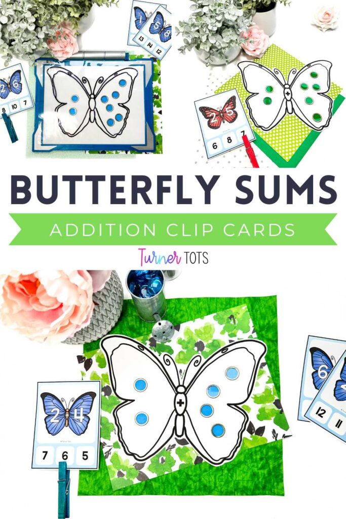 Butterfly addition cards with addends on each wing for preschoolers to place counters on and find the total.