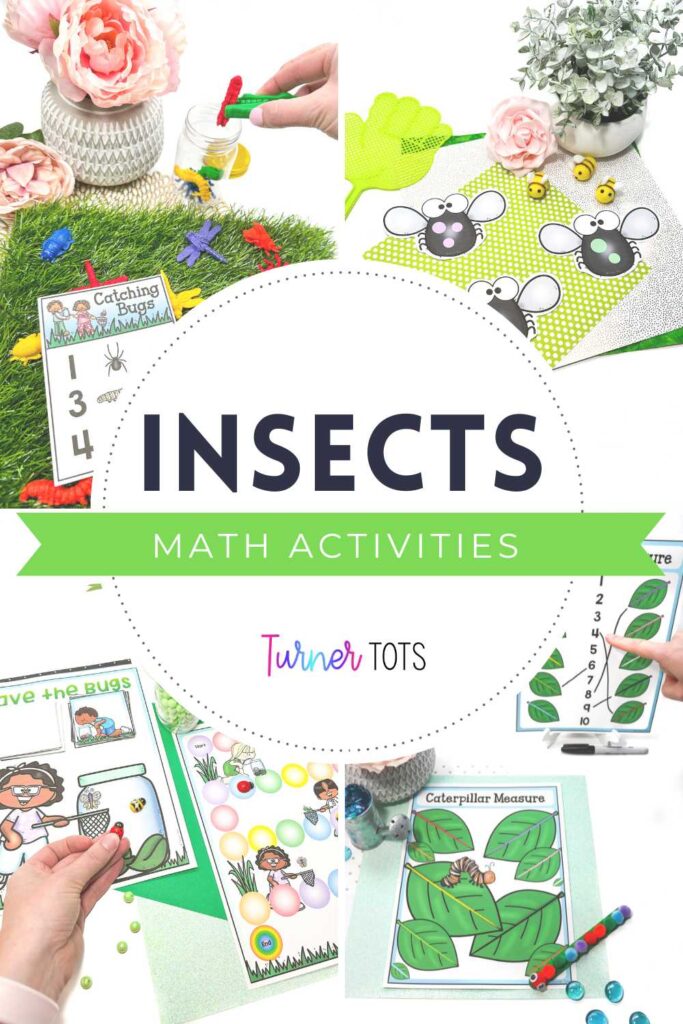 Bug math activities include counting bug counters, subitizing flies to swat, a save the bugs cooperative game, and a leaf measurement activity with pompom caterpillar rulers.