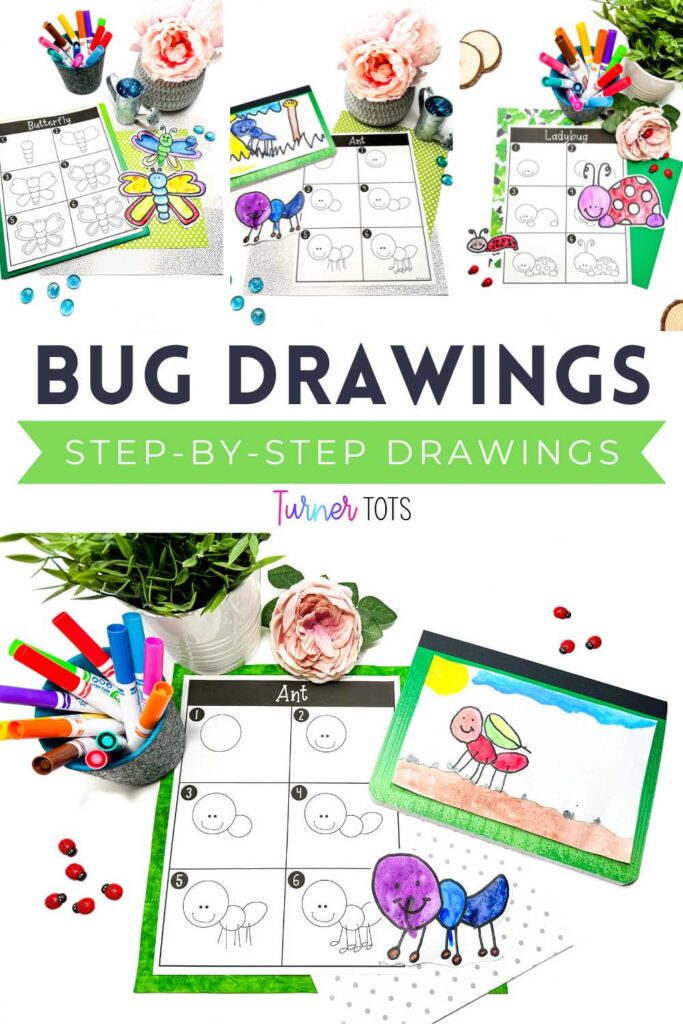 Step-by-step directions on how to draw an ant, butterfly, and ladybug for kids.