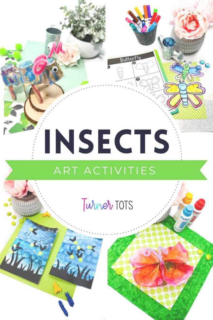 Bug art activities for preschoolers include a drip-painted egg carton bug craft, bug directed drawings, a firefly painting, and a butterfly coffee filter craft.