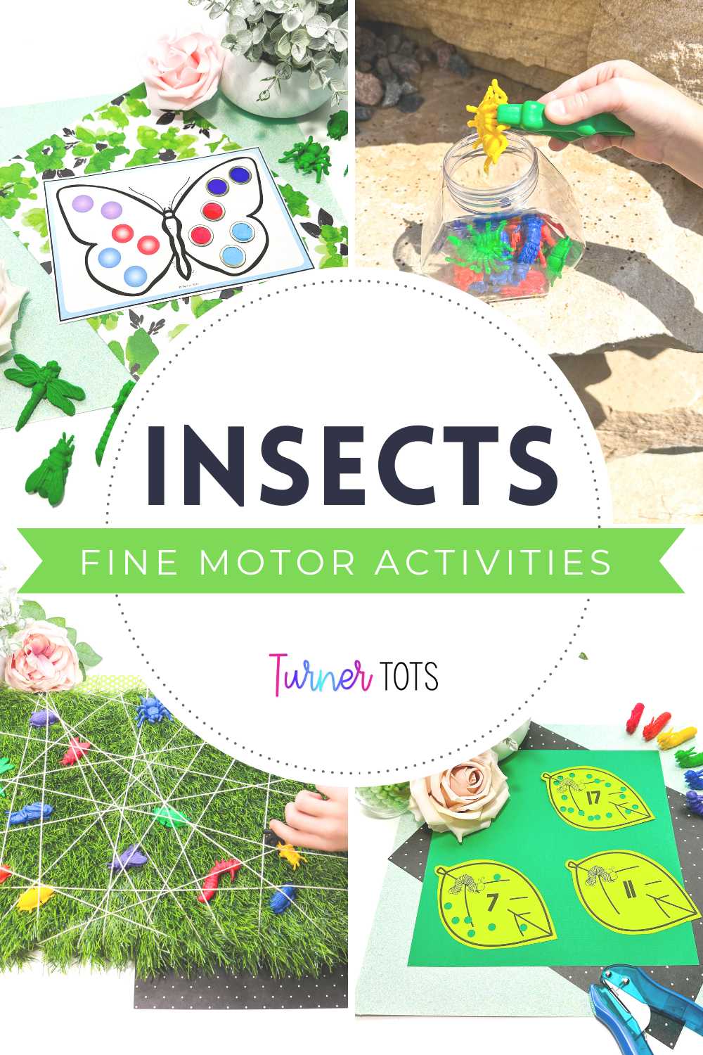 Insect fine motor activities include a butterfly symmetry activity using transparent chips, an outdoor bug hunt, a bug rescue using tweezers, and a leaf hole punch activity.
