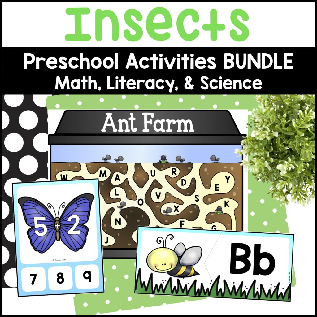 Insect preschool activities with alphabet, math, and science centers.