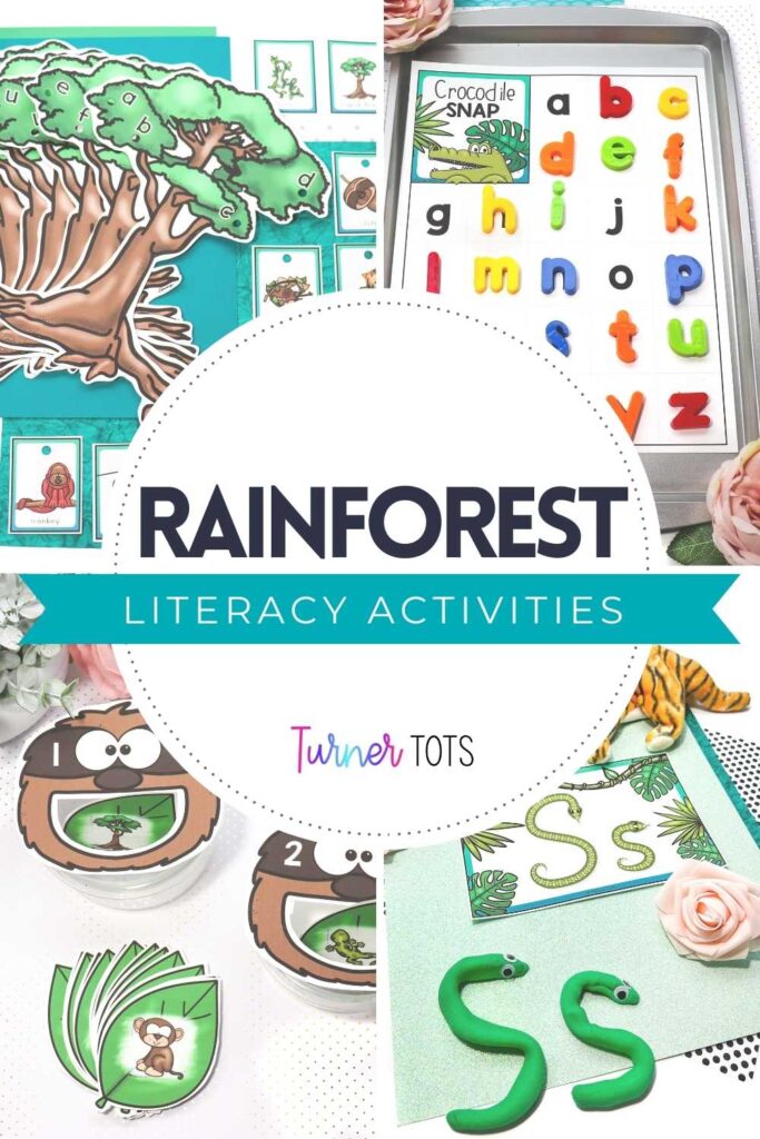 Rainforest literacy activities include a beginning sound Kapok tree activity, a crocodile snap alphabet activity, a feed the sloth syllable activity, and making snake letters out of play dough.