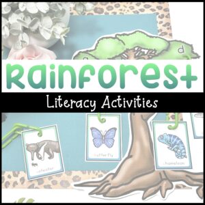 Rainforest literacy activities include a beginning sound Kapok tree activity, a crocodile snap alphabet activity, a feed the sloth syllable activity, and making snake letters out of play dough.