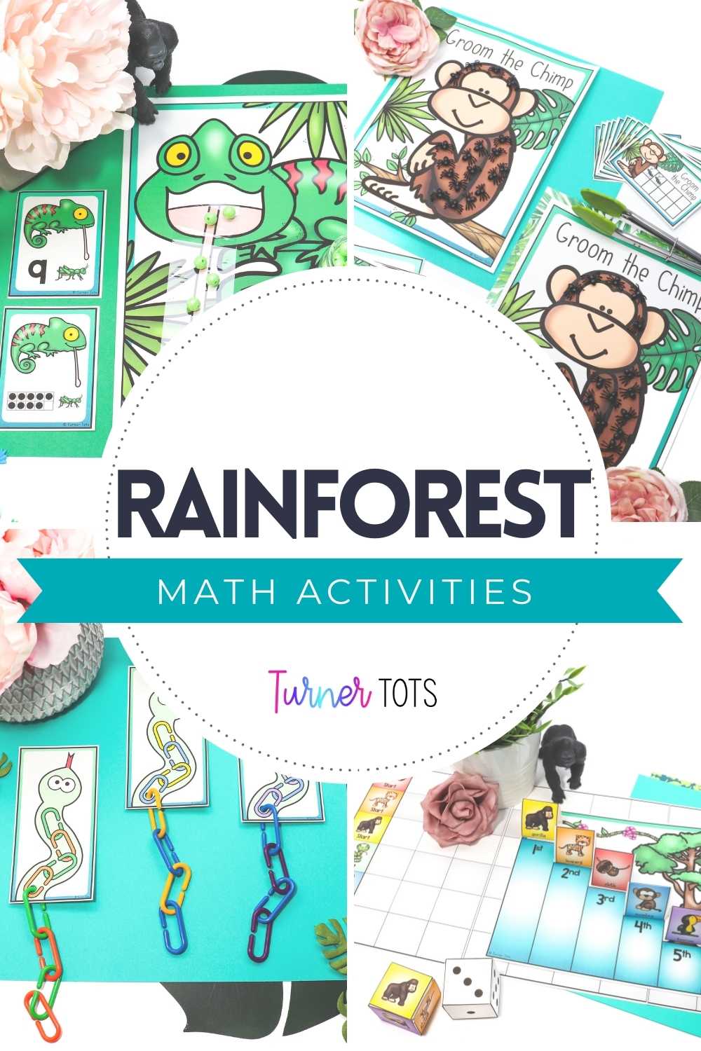Jungle math activities include a chameleon counting activity, a chimp ten frame game, snake patterns, and a jungle race game.