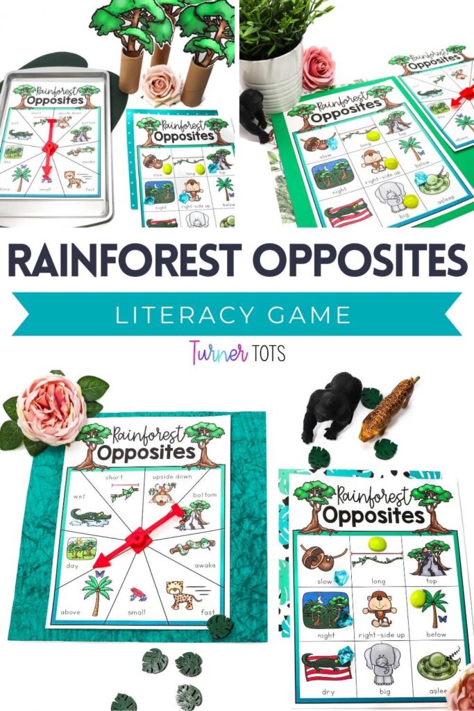 Rainforest opposite game boards and spinners to work on identifying opposites as one of our rainforest preschool activities.