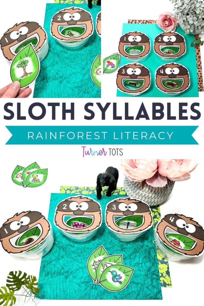 Numbered sloths taped onto containers for preschoolers to feed leaves with pictures based on the number of syllables in the word.