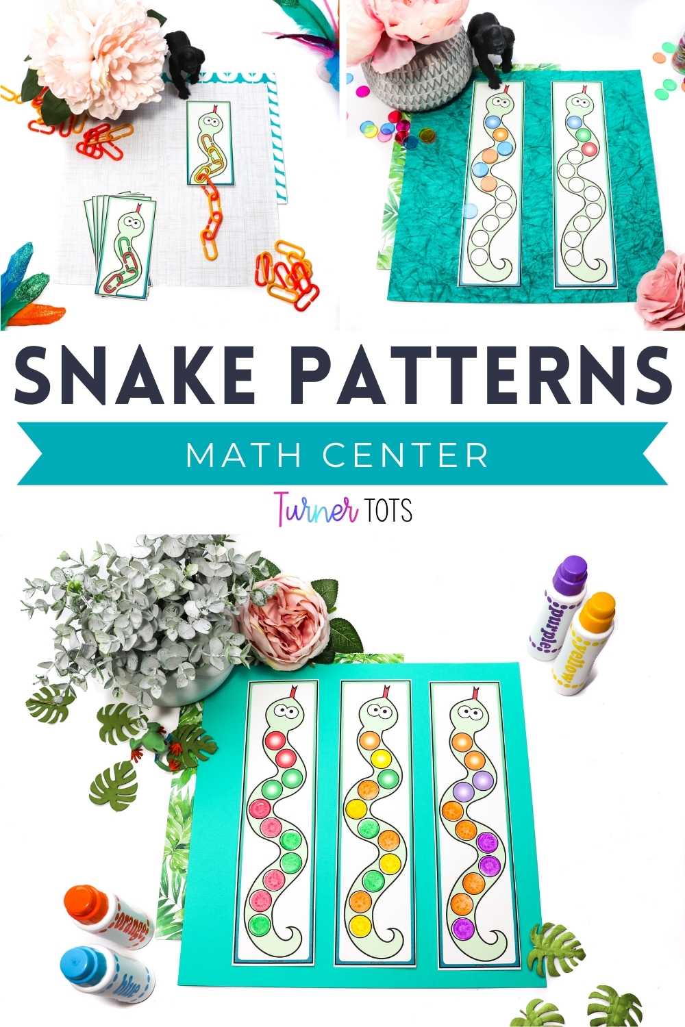Snake pattern cards for preschoolers to complete the pattern using dot markers or transparent chips. Also includes snake pattern cards with linking chains.