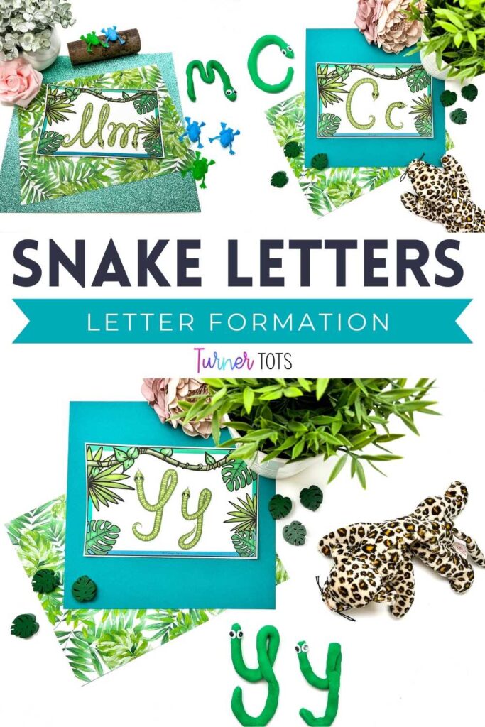 Snake letter cards for preschoolers to use as a guide when making playdough letter snakes as one of our jungle preschool activities.