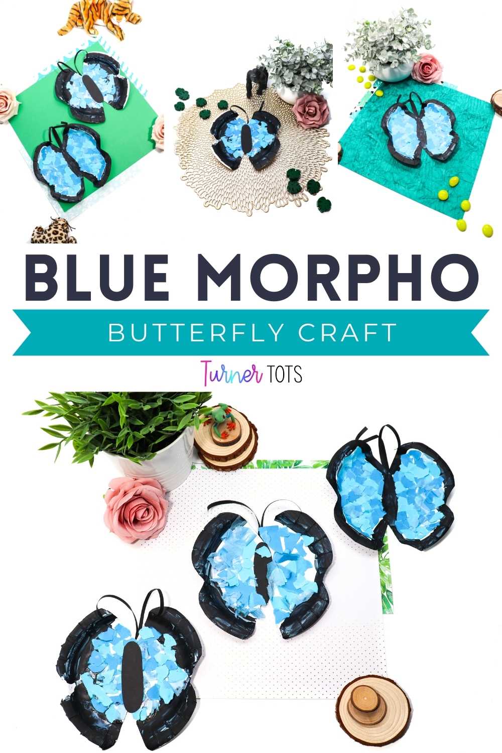 Blue morpho butterflies made with ripped paper on a paper plate as one of our jungle art activities.