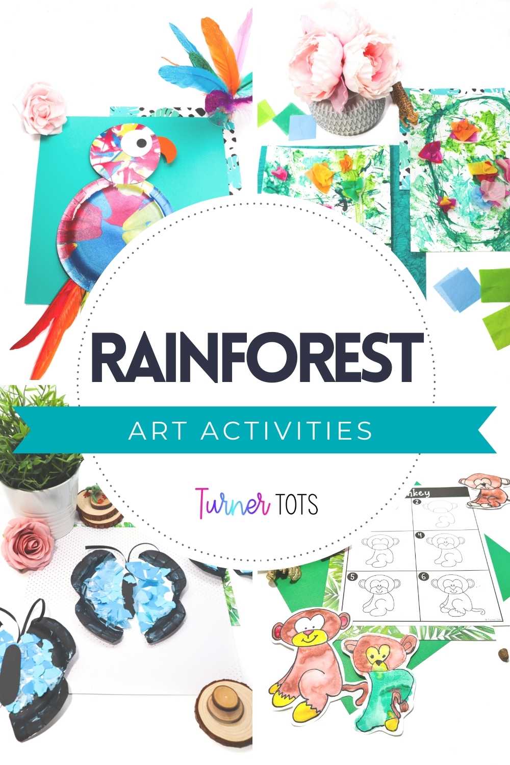 Jungle art activities include a parrot spin art craft, rainforest leaf print paintings, a blue morpho butterfly craft, and jungle directed drawings.