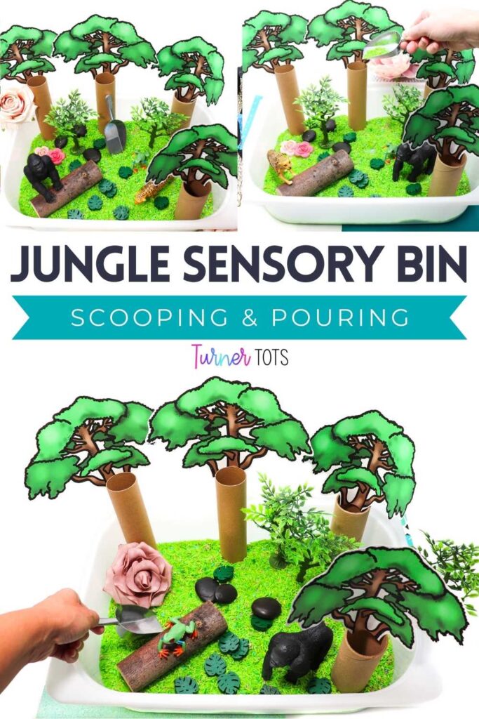 A jungle sensory bin filled with green rice, logs, toilet paper tube trees, rocks, leaves, and jungle animals.