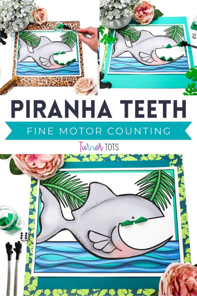 A printout of a piranha with triangle pattern block teeth for preschoolers to pull using tongs.