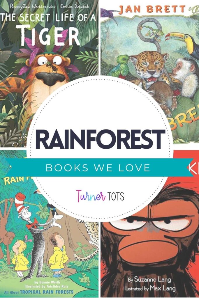 Rainforest books for preschoolers include If I Ran the Rainforest by Bonnie Worth, Grumpy Monkey by Suzanne Lang, The Secret Life of a Tiger by Przemyslaw Wechterowicz, and The Umbrella by Jan Brett.