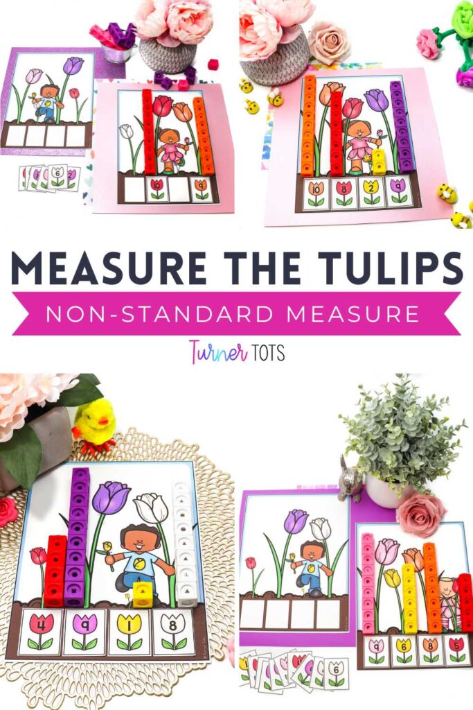 Tulips in various heights for preschoolers to measure with snap cubes and use cards to show the heights as one of our spring math activities for preschoolers.