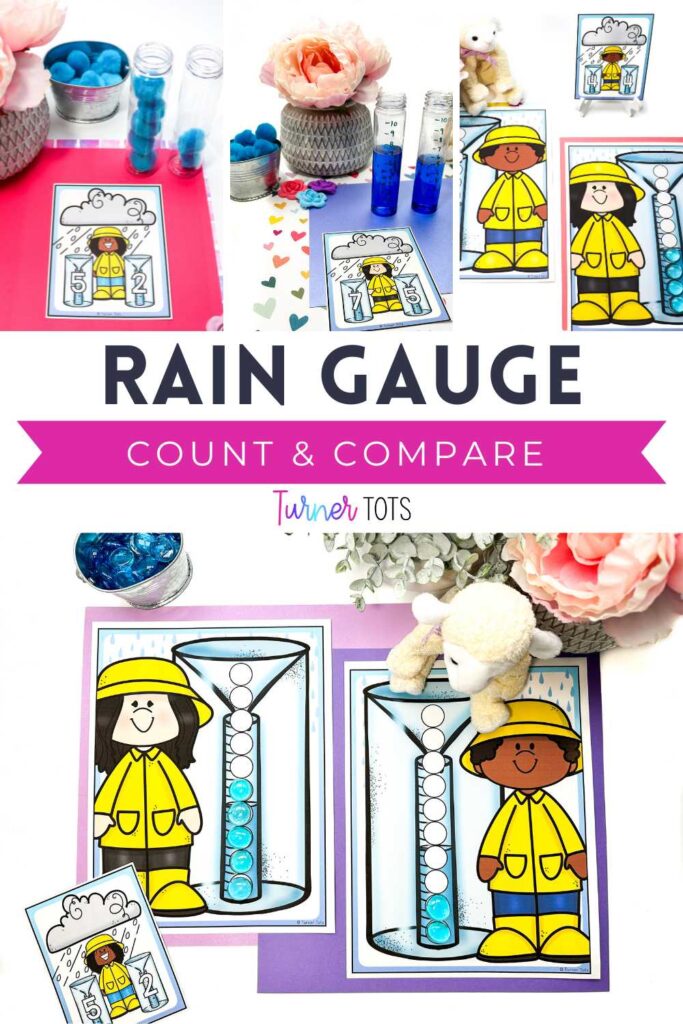 Printable rain gauges and test tubes are used to count rain (gems or blue pompoms) and compare the numbers as one of our spring math activities for preschoolers.