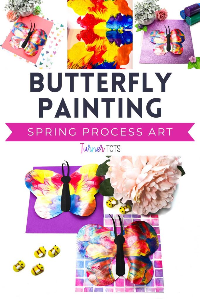 Butterfly paintings are created by squeezing paint onto paper and folding it in half to create symmetrical butterflies as one of our spring art for toddlers activities.