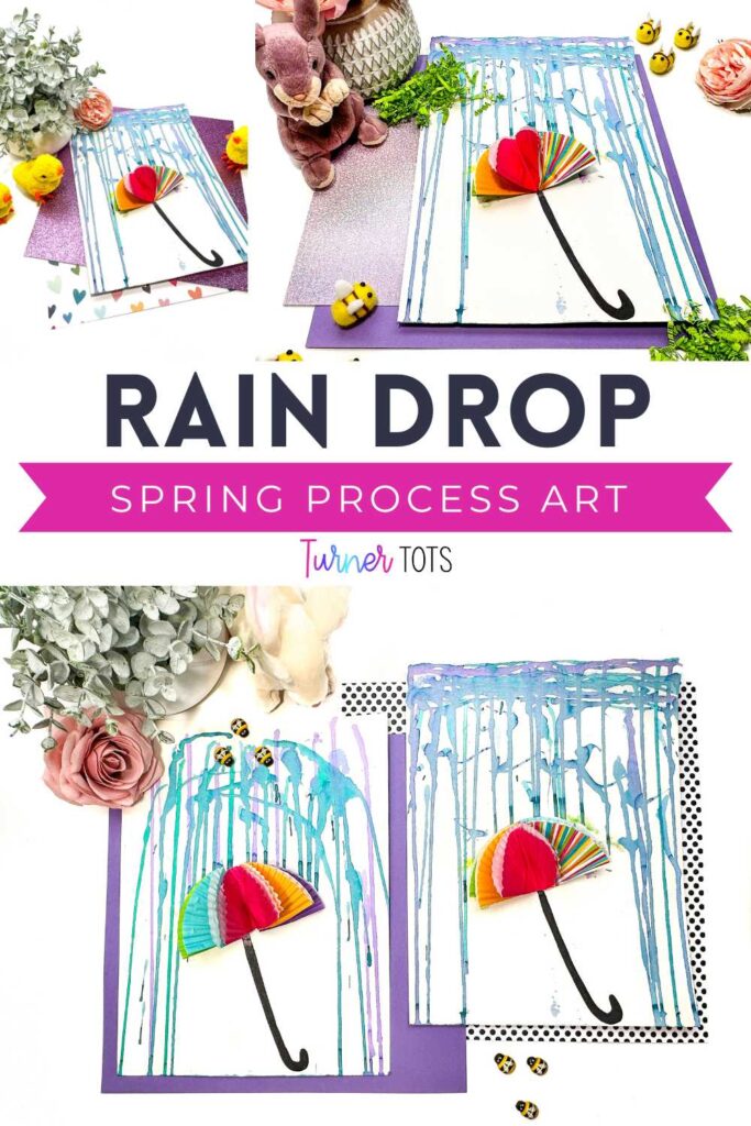 Rain drop paintings with dripped paint over a cupcake liner umbrella as spring art for toddlers.