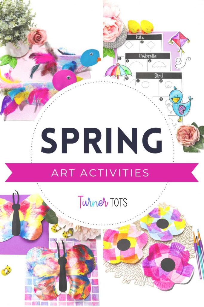 Spring art for toddlers include a bird craft painted with feathers, spring directed drawings, a butterfly fold painting, and modge podge flowers.