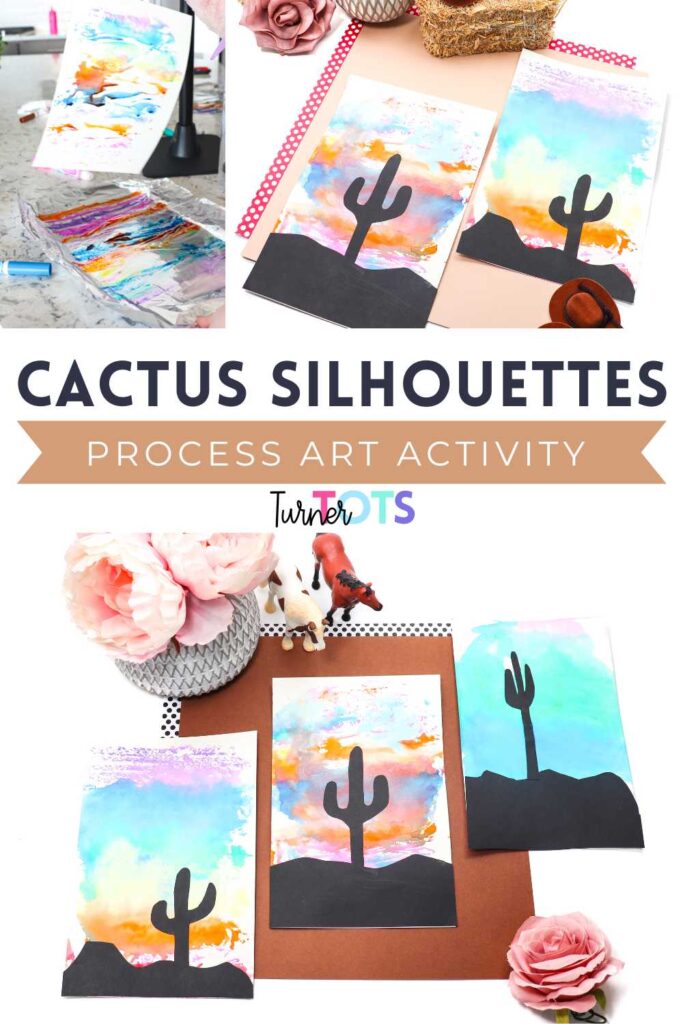 Cactus sunset silhouettes are made by coloring with markers on aluminum foil, spraying with water, and stamping paper on top. Then, add black cactus and sand to make a silhouette.