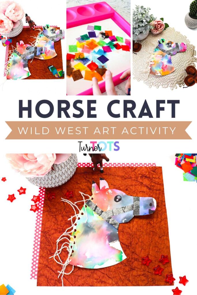 Bleeding tissue paper squares are used to make stained horse crafts with yarn mane as one of our Wild West art projects for toddlers.