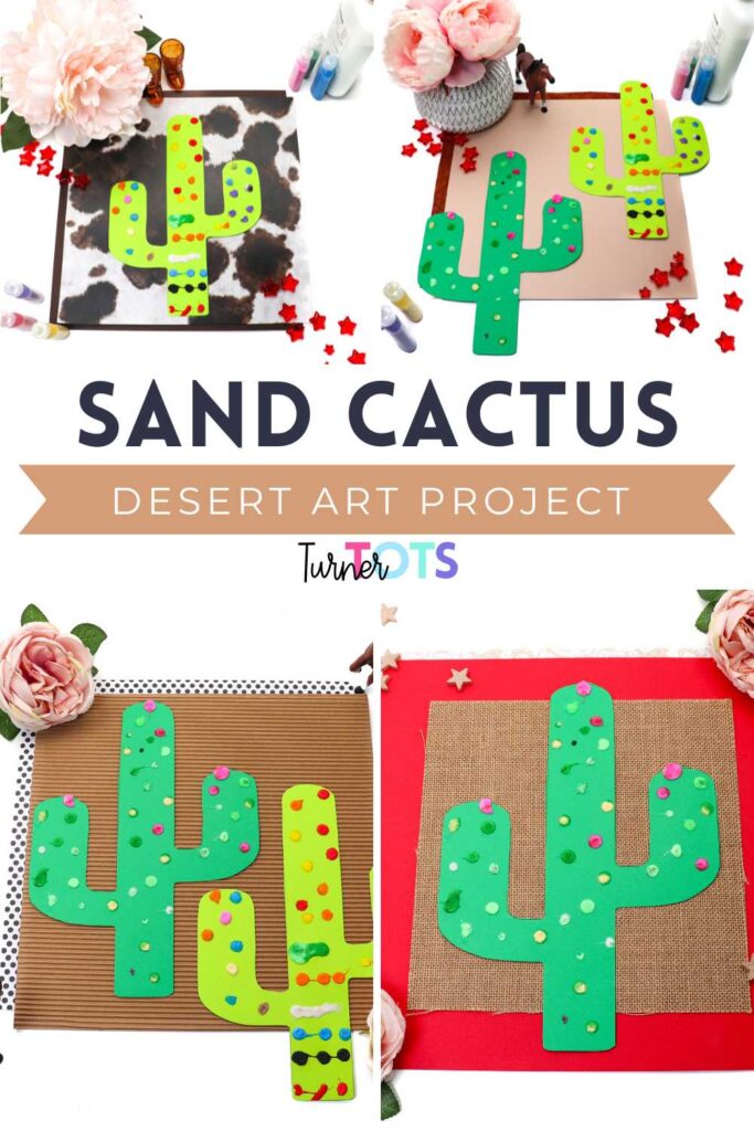 Green cactus printouts decorated with colored sand as an idea for Wild West art for toddlers.