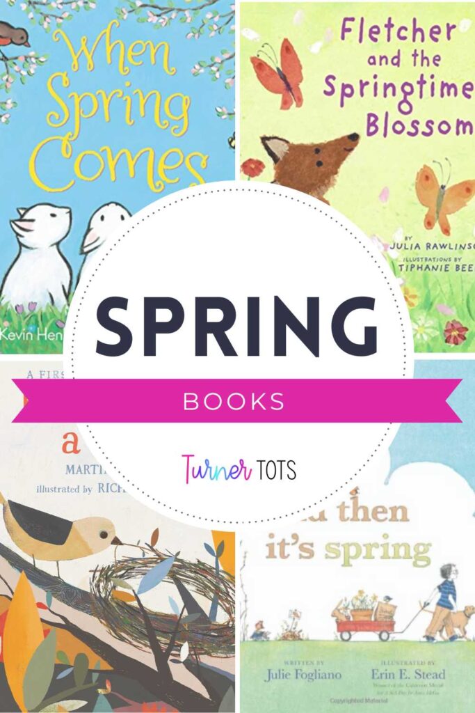 Spring books for kids include When Spring Comes by Kevin Henkes, Fletcher and the Springtime Blossoms by Julia Rawlinson, Bird Builds a Nest by Martin Jenkins, and And Then It’s Spring by Julie Fogliano.