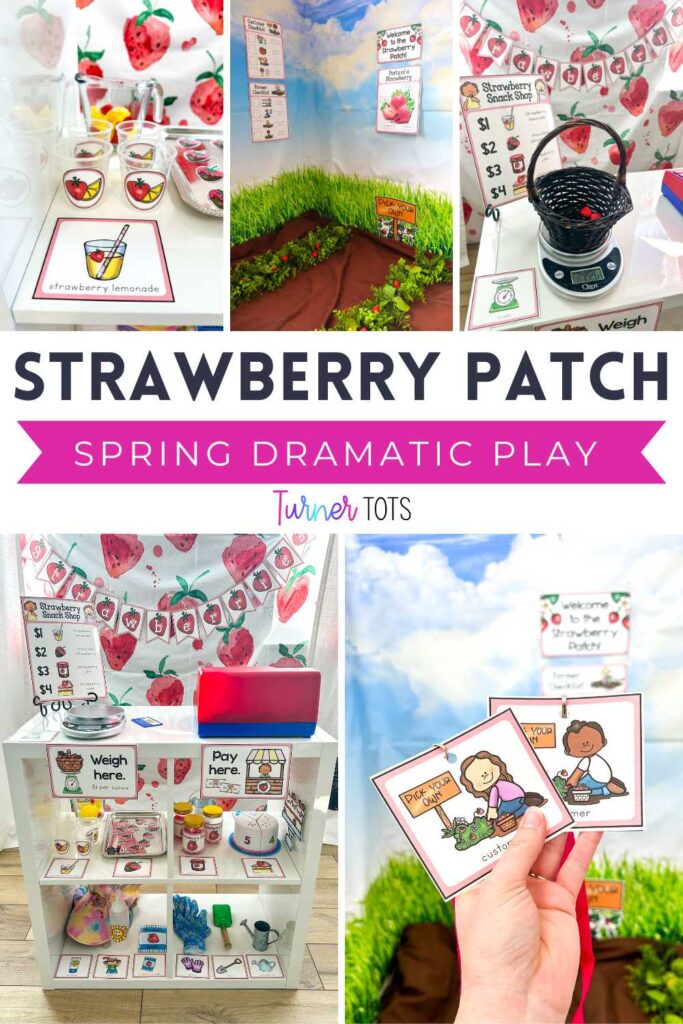 Strawberry patch dramatic play includes strawberry lemonade cups, pretend chocolate strawberries, a strawberry patch to pick from, scales to weigh strawberries, a cash register, and name tags for the customers.