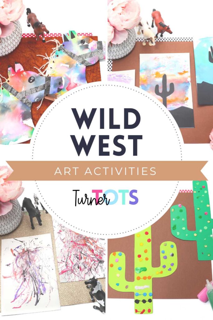 Wild West art for toddlers includes tissue paper-stained horses, aluminum foil-stamped silhouettes, painting with rope process art, and a sandy cactus craft.