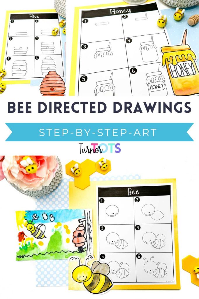 Bee directed drawings include step-by-step instructions for drawing a bee, honey, and hive.