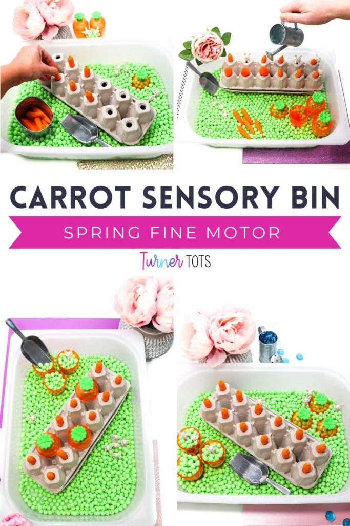 A carrot sensory bin filled with green beads, carrot Easter eggs, carrot counters, and an egg carton with holes in it for preschoolers to pretend to pick carrots from.