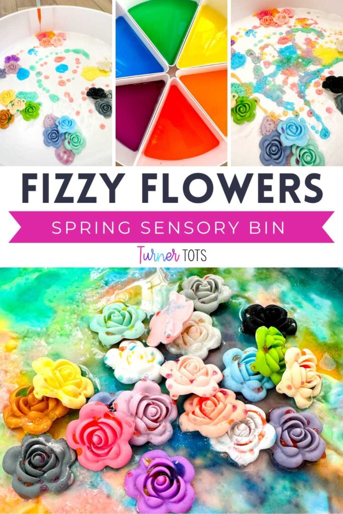 Flowers in a sensory bin filled with baking soda for toddlers to squirt colored vinegar onto for one of our vibrant spring fine motor activities.