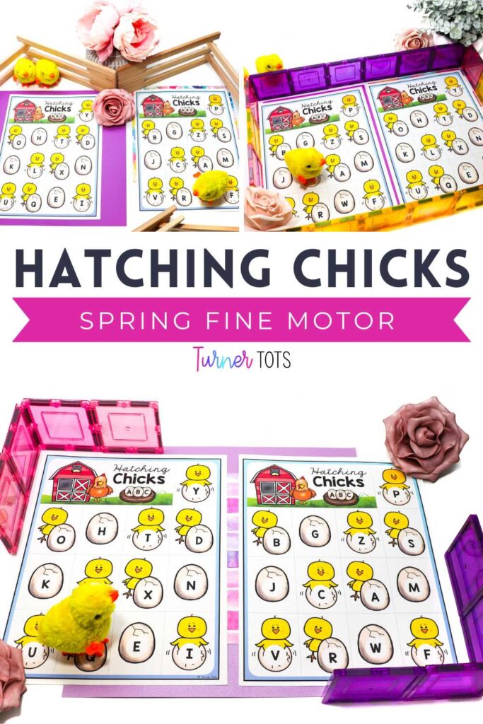 Egg mats with hatching chicks and letters or numbers for preschoolers to wind up chicks and see which letter/number they land on as one of our spring fine motor activities.