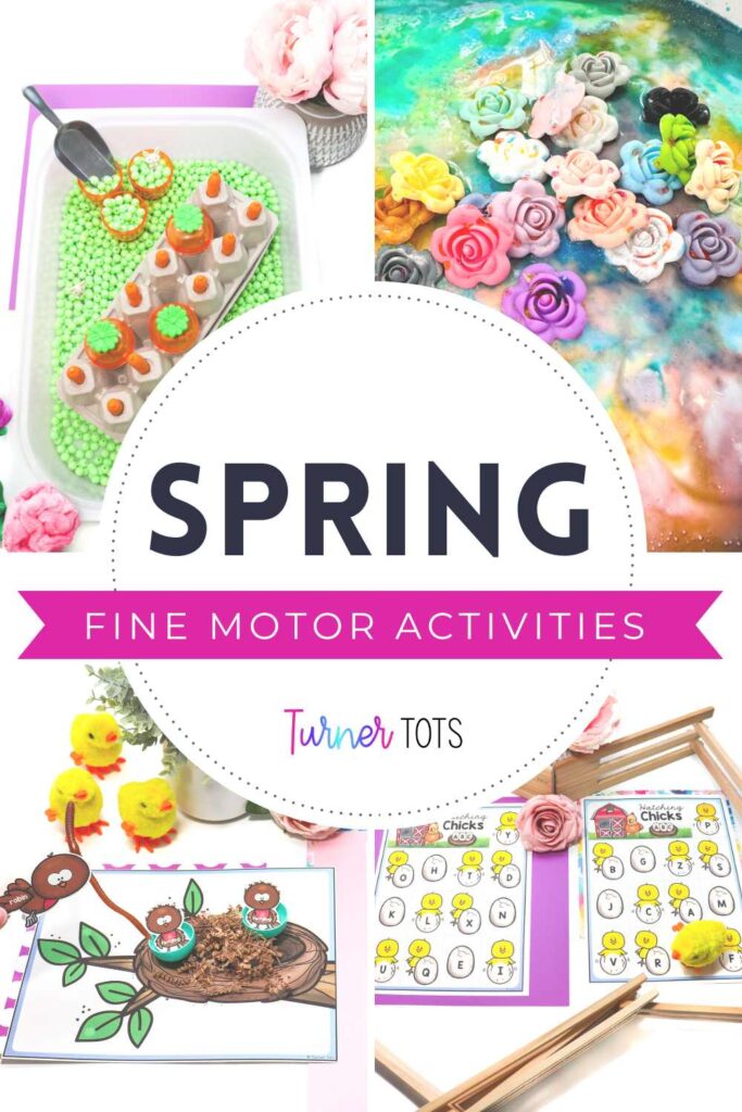 Spring fine motor activities include a carrot sensory bin, fizzy flower sensory bin, a wind-up chick activity, and robin life cycle activity.