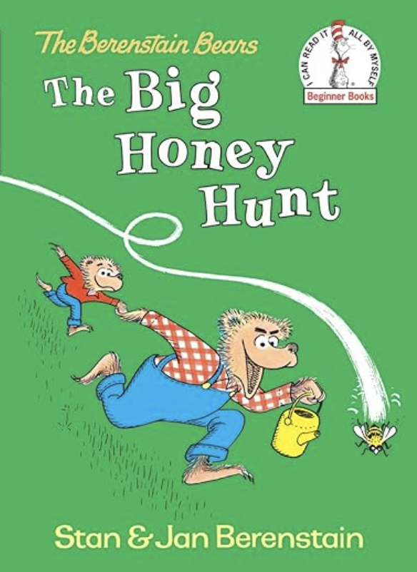 The Big Honey Hunt by Stan & Jan Berenstain includes an illustrated cover of a papa bear and a kid bear chasing after a bee as one of our bee books for preschoolers.