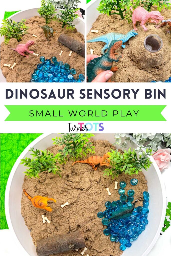 Dinosaur sensory bin filled with sand, plastic dinosaurs, blue gems, trees, and bones.