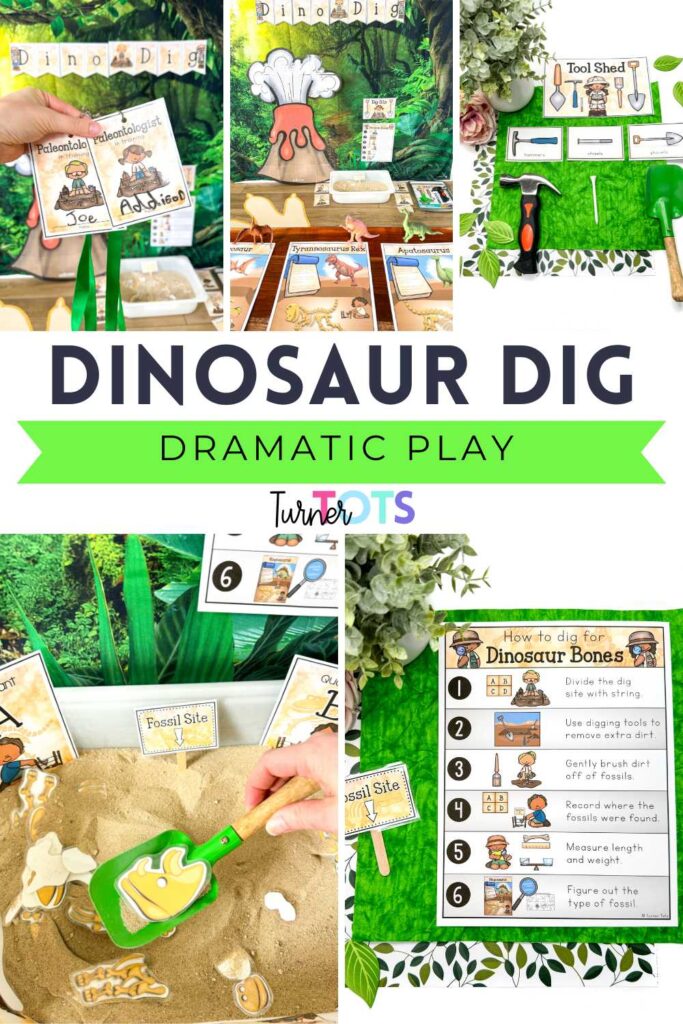 Dinosaur dramatic play includes name tags for paleontologists in training, dinosaur fact sheets to lay dinosaur puzzle pieces on, labels for tools, a sand sensory bin dig sit, and instructions on how to dig for dinosaur bones.