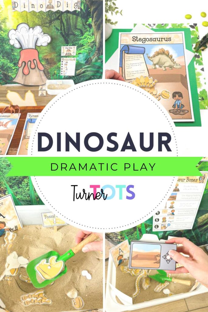 Dinosaur dig dramatic play includes jungle backdrop with a volcano, a sand sensory bin dig sit with dinosaur puzzle bones, and dinosaur fact sheets.